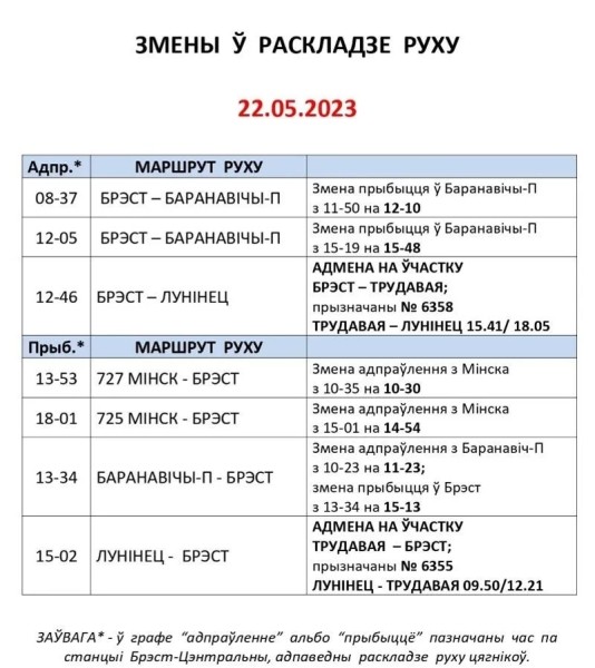 Вокзал станции Брест-Центральный сообщает об изменениях в расписании поездов на следующей неделе Вокзал станции Брест-Центральный сообщает об изменениях в расписании поездов на следующей неделе